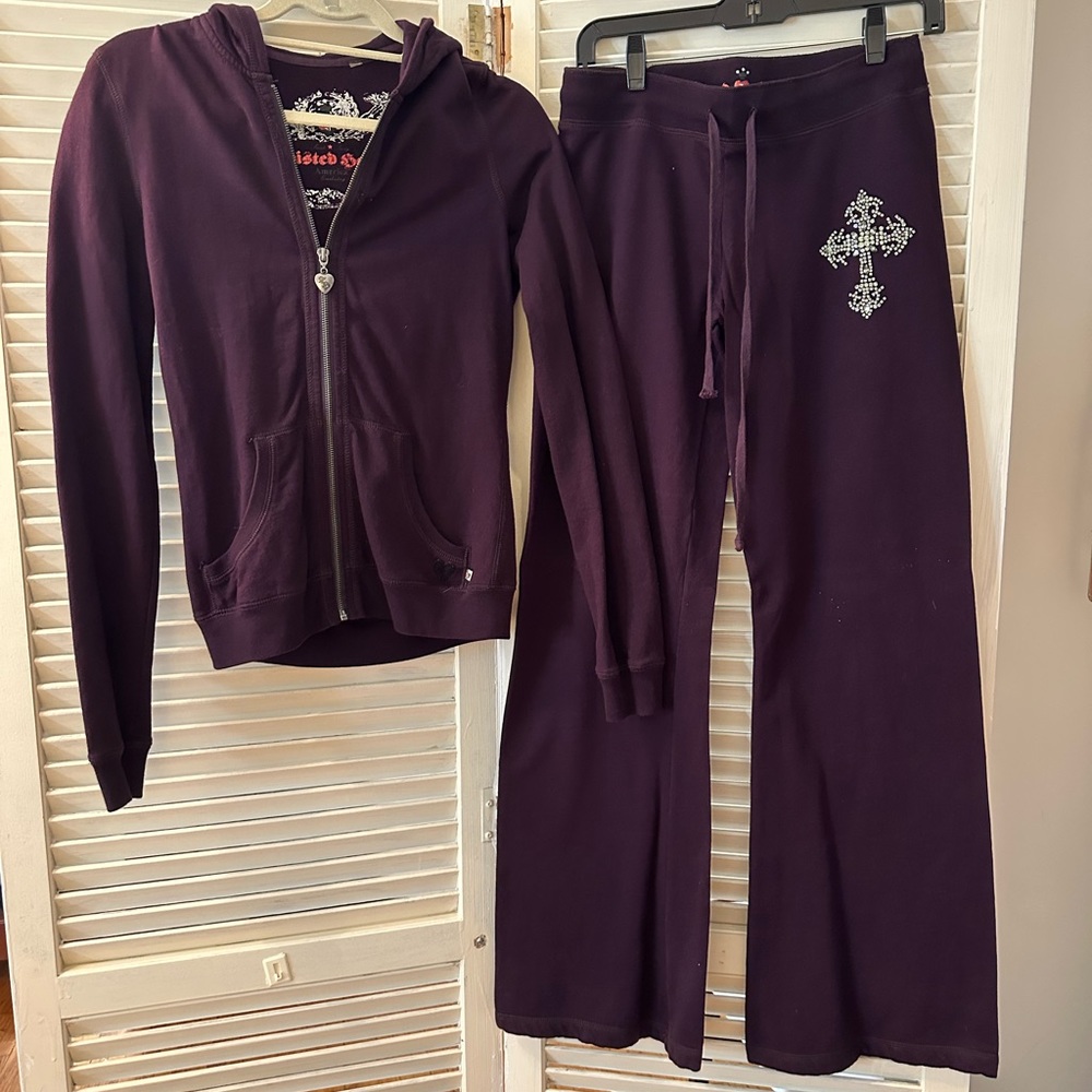 Plum track suit with embroidered crosses